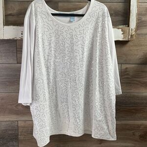 Liz & Me Sport Sequined Top, Size 3X 26/28W, White with Silver Sequins